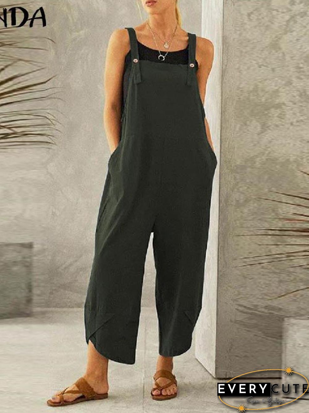 Spaghetti Strap Solid Color Side Pocket Overall Jumpsuit