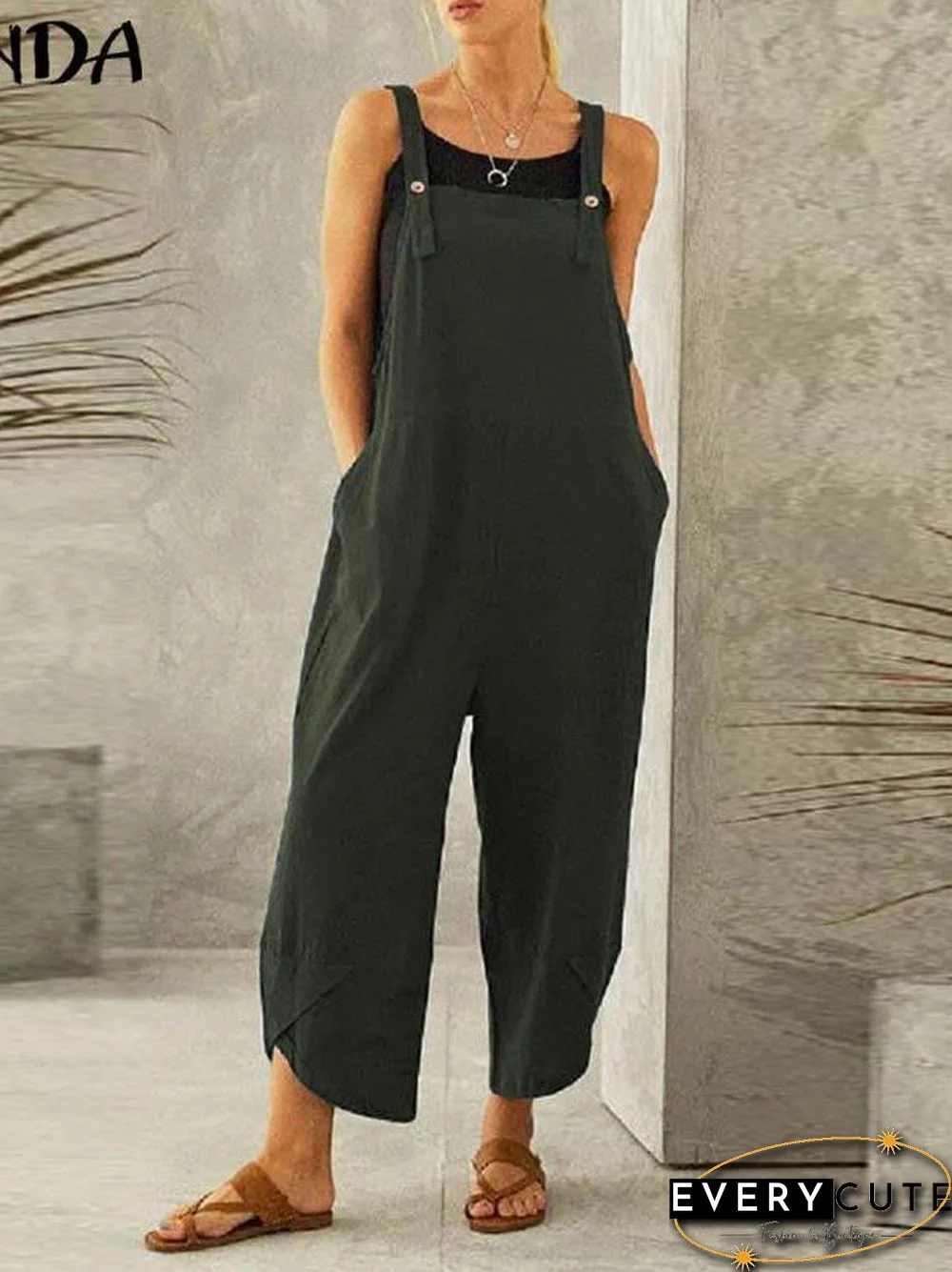 Spaghetti Strap Solid Color Side Pocket Overall Jumpsuit