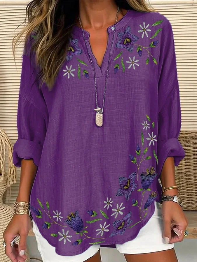 Women's Purple Floral Pansy Dementia Alzheimer's Disease Awareness Cotton and Linen Shirt