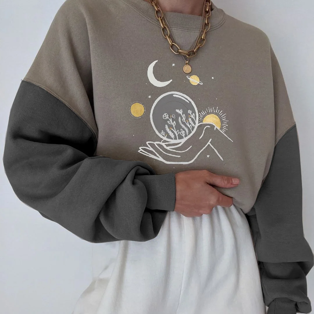 Colorblock Sun Universe Print Casual Hoodie / DarkAcademias /Darkacademias