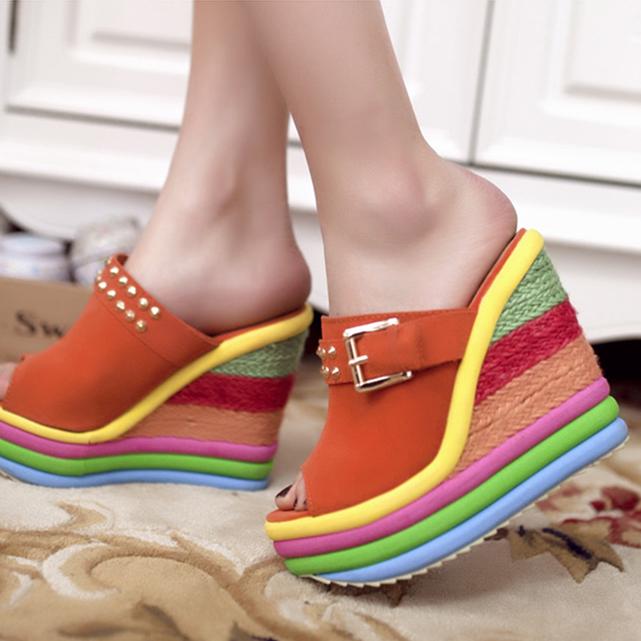 Women's peep toe rainbow colorful thick platform wedge slide sandals