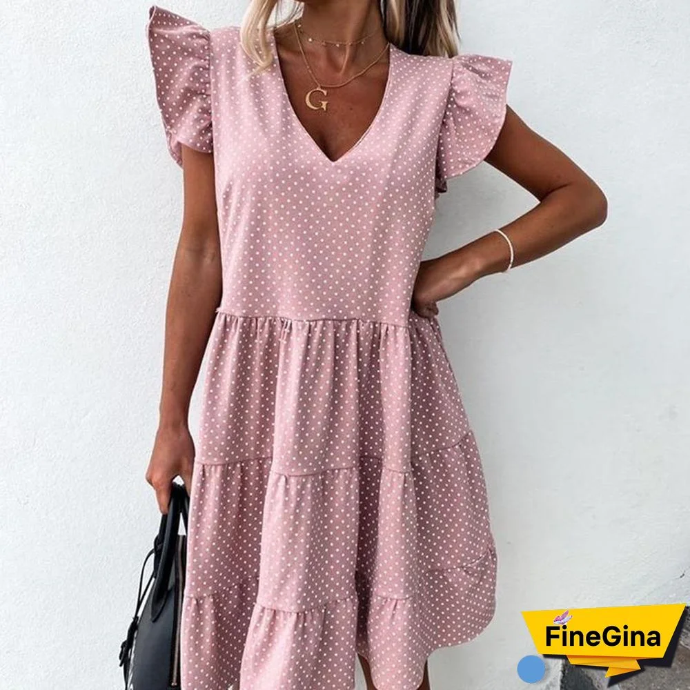 Women New Summer Sundress Casual Ruffles Sleeves V-neck Dot Boho Party Vestidos Elegant Mini Dresses Fashion Vestidos