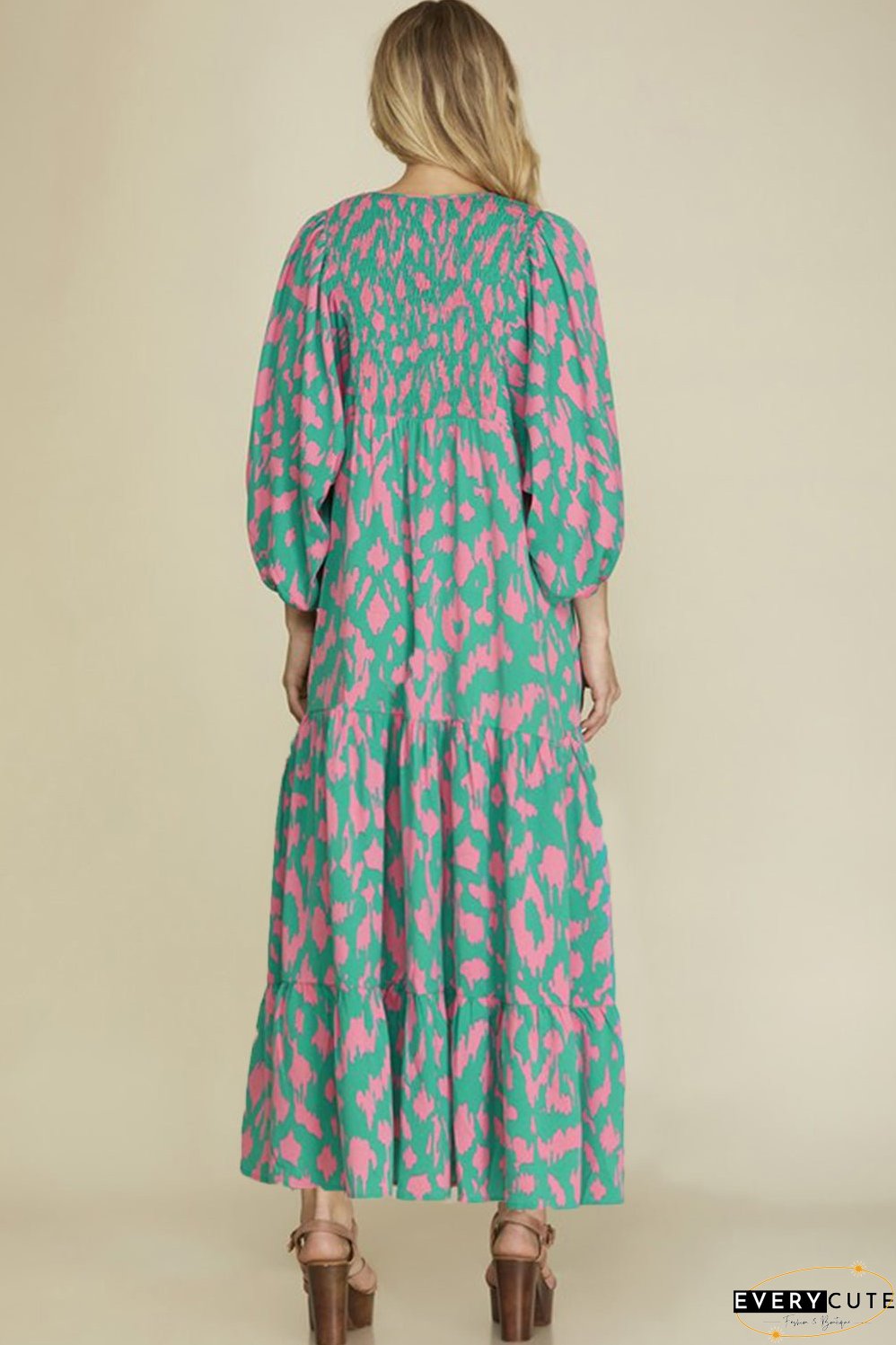 Green Abstract Print Puff Sleeve Tied Notched Neck Long Dress