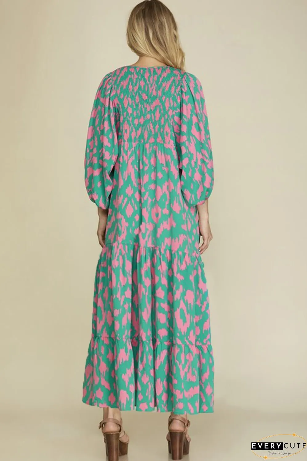 Green Abstract Print Puff Sleeve Tied Notched Neck Long Dress