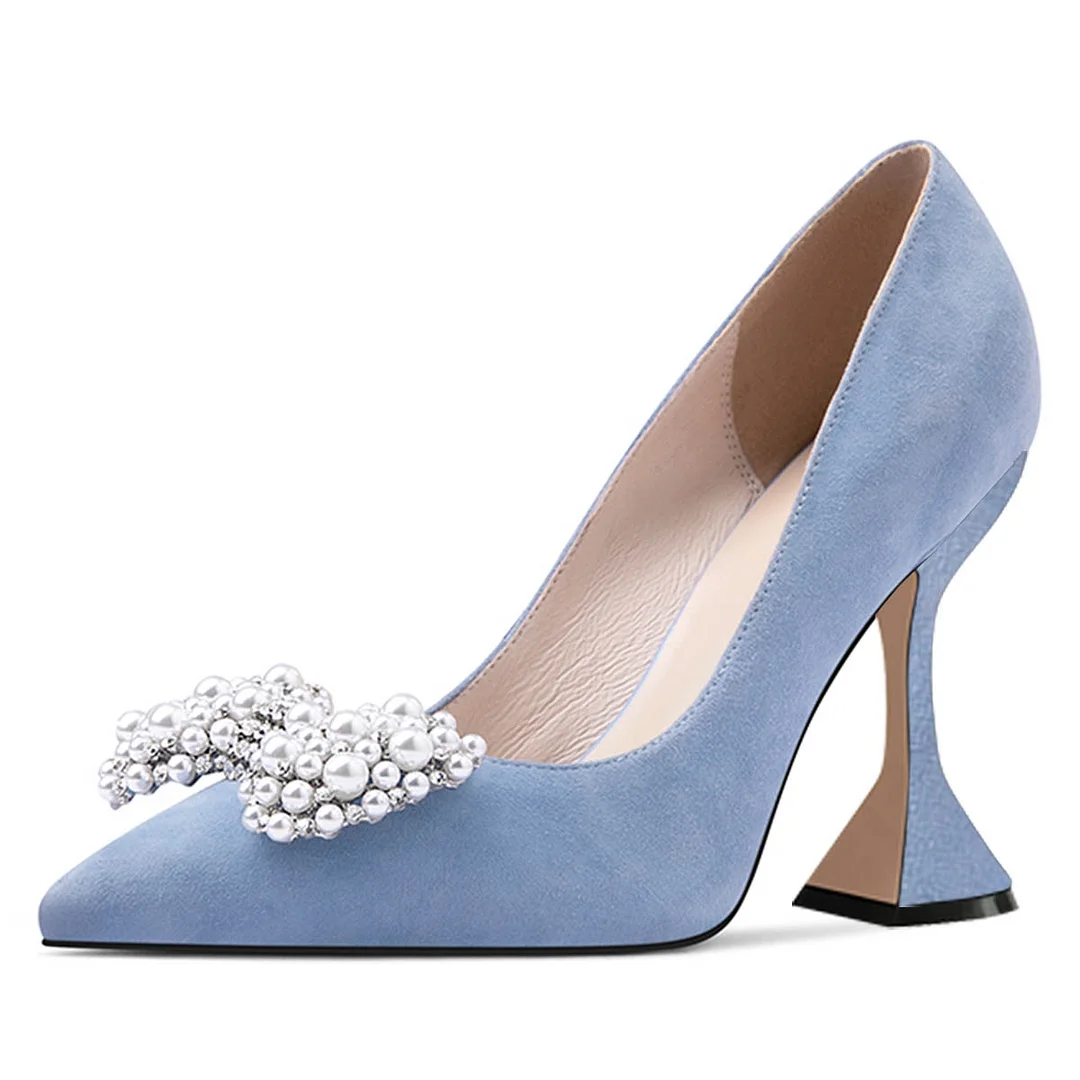 Elegant Light Blue Pointed Toe Pearl and Rhinestone Bow Pumps Heels