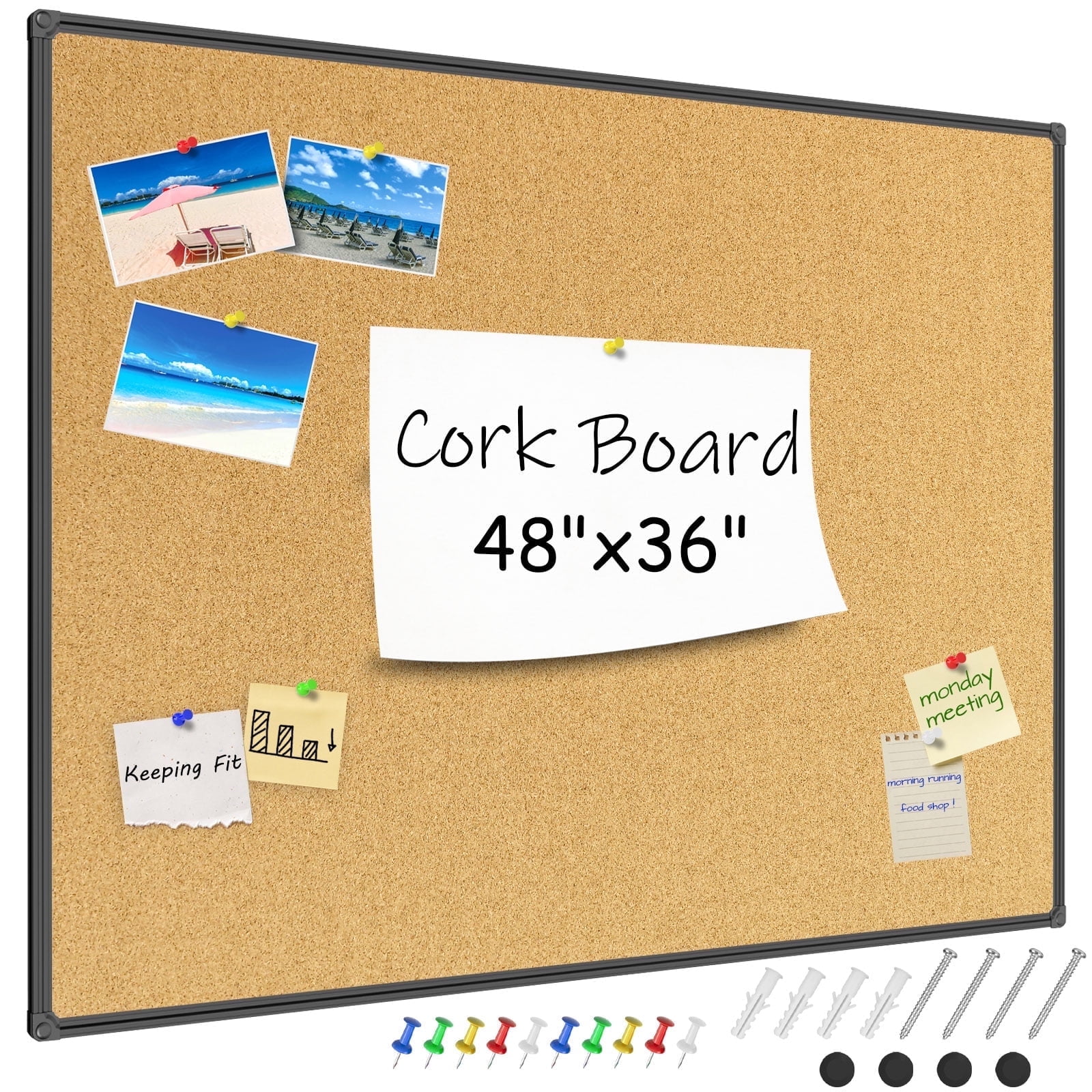 JILoffice Cork Bulletin Board with Aluminum Frame, 48" x 36", with 10 Push Pins