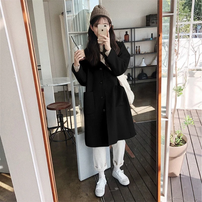 Autumn And Winter 2021 New Korean Loose College Style Black Woollen Coat Medium Long Small Tweed Coat For Women