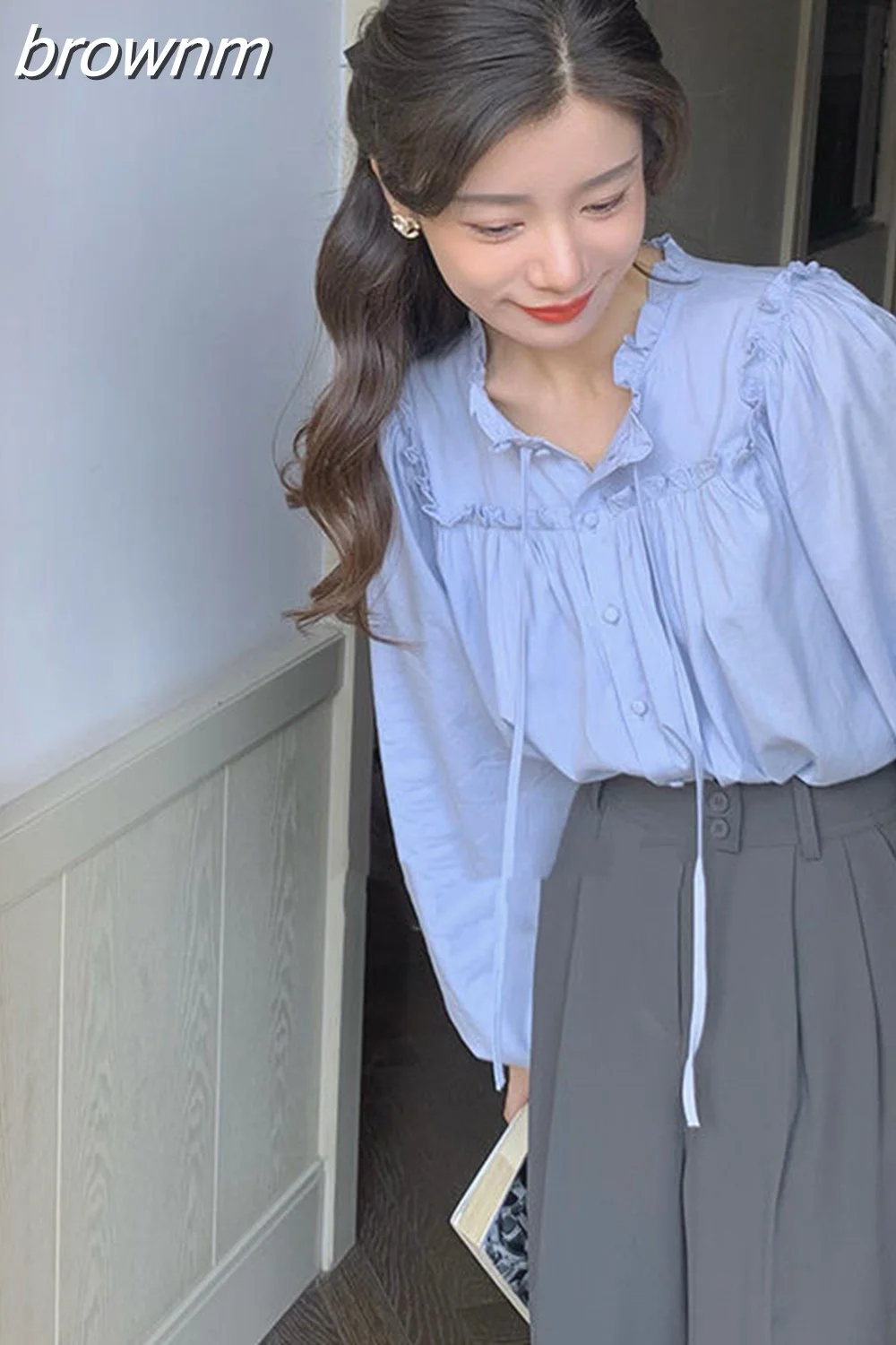 brownm Bow Shirt Women Early Autumn Unique Solid Relaxed Casual Shirt Lace-up Blue Premium Feeling Folding Loose Top