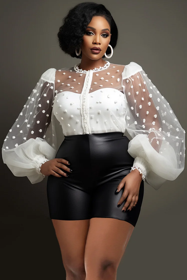 Xpluswear Design Plus Size Party White Spring Summer Round Neck Lantern Sleeve See Through Lace Blouses