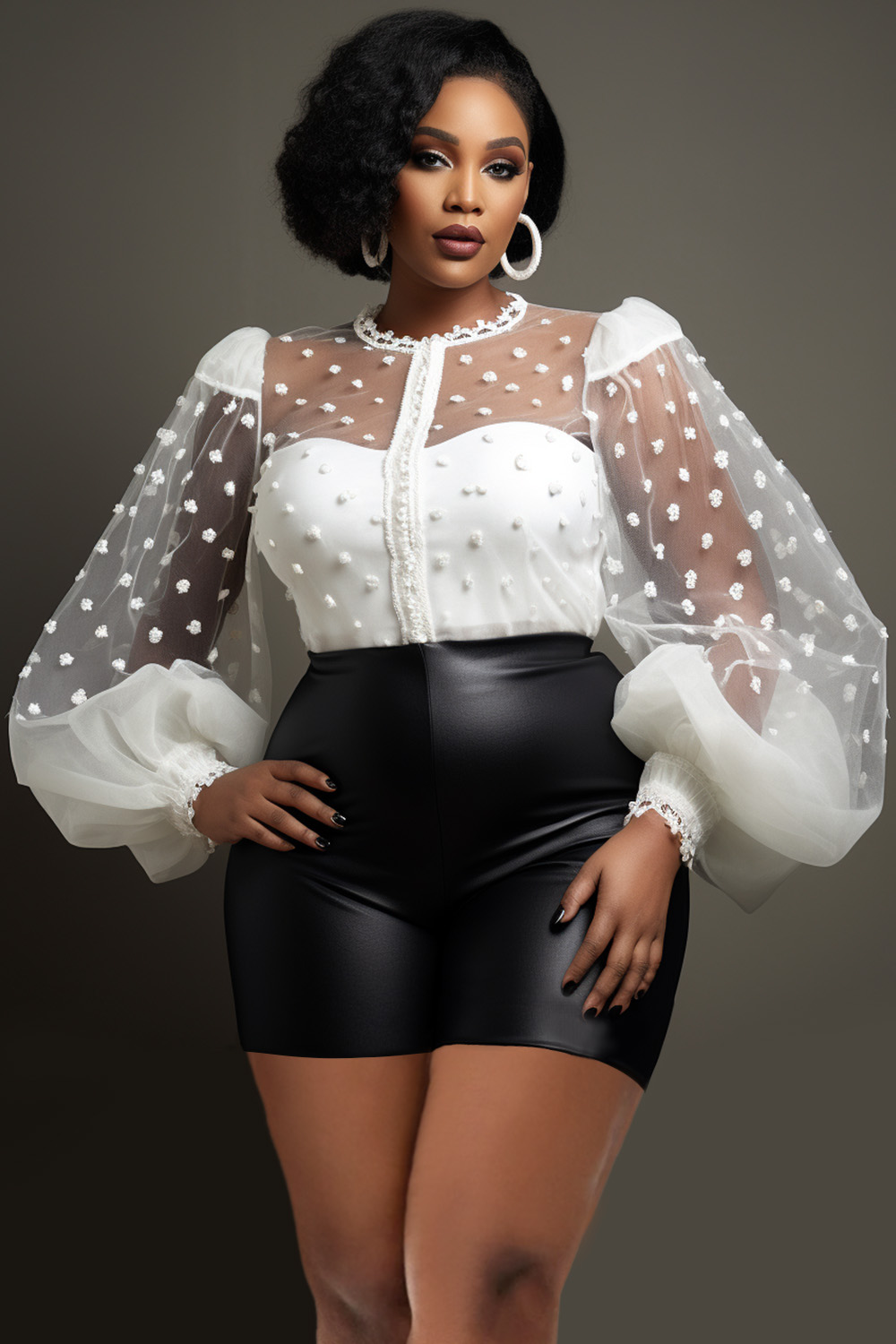 Design Plus Size Party White Spring Summer Round Neck Lantern Sleeve See Through Lace Blouses [Pre-Order]