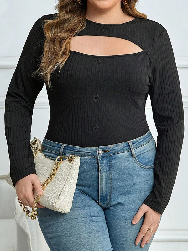 Buttoned Hollow Solid Color Long Sleeves Plus Size Round-Neck T-Shirts Tops