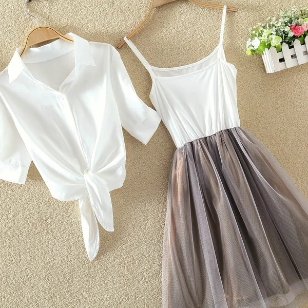 2pcs / Set Summer New Short-sleeved Cardigan Shirt Fashion Casual Slim Princess Dress Plus Size 4XL