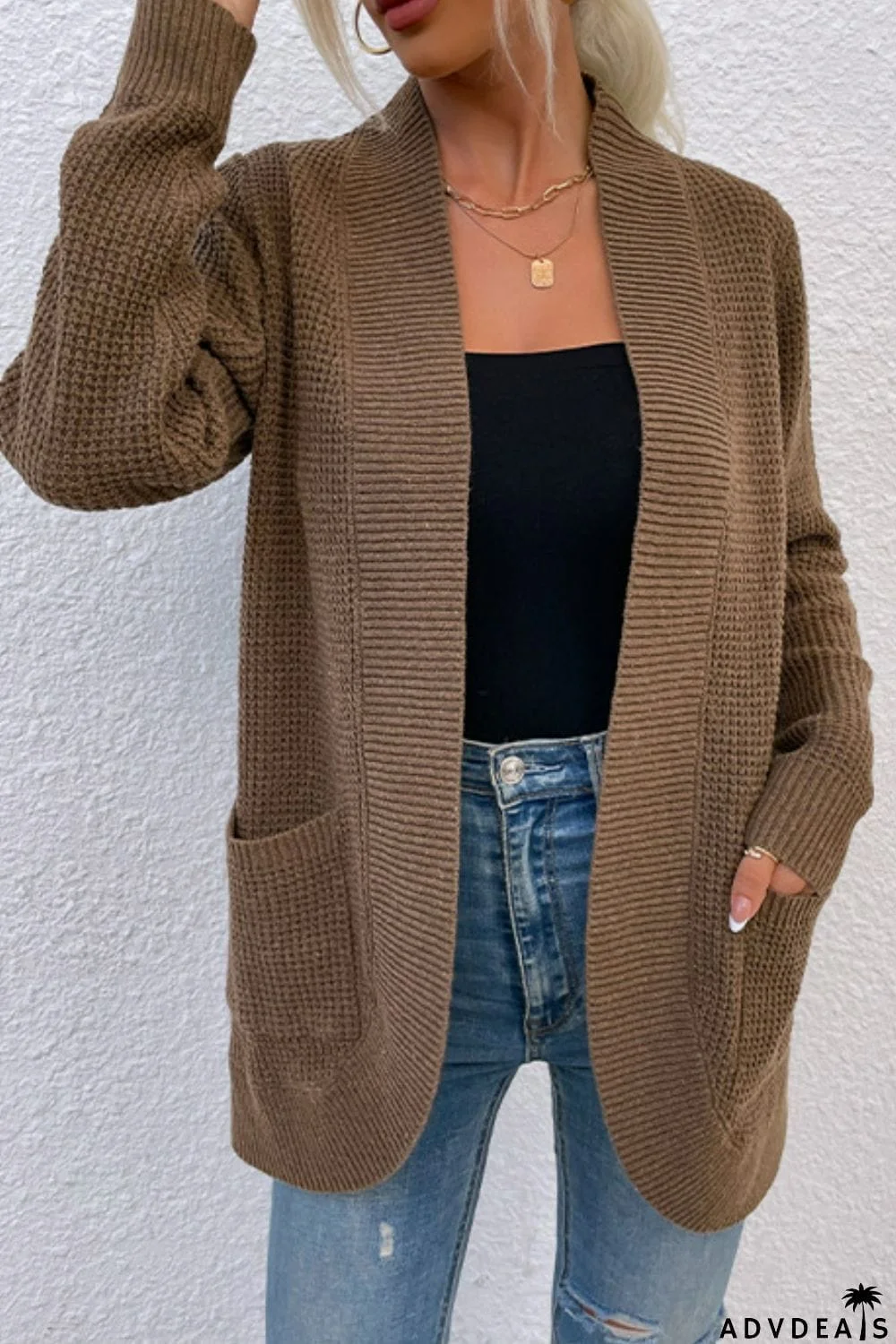 Open Front Rib-Knit Cardigan with Pockets