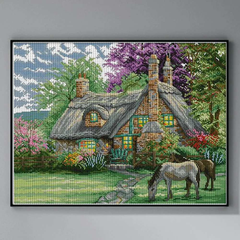 DIY Stamped Cross Stitch 14CT Partial Embroidery 46*38cm - Flower Villa