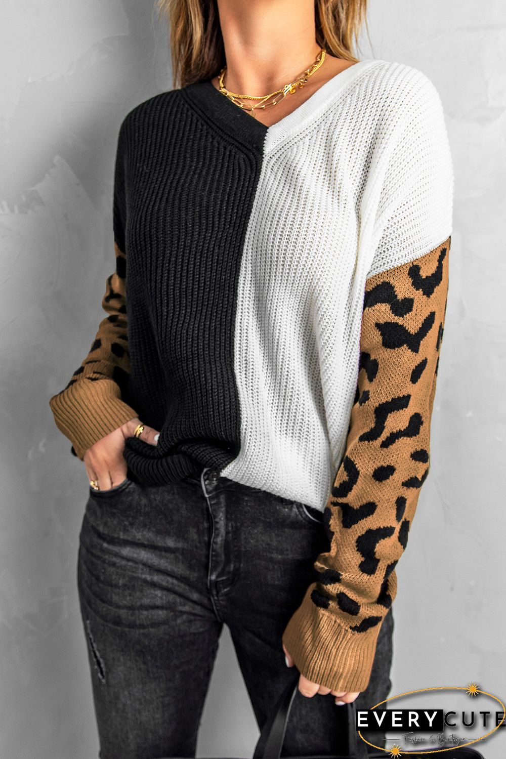 Leopard Print Contrast Color V Neck Sweater