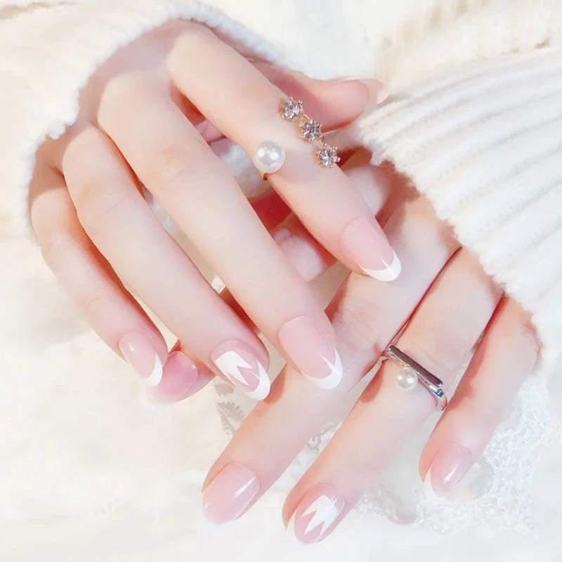 Simple Pink press on Nails Medium Round Full Cover Detachable nail tips for girls Manicure acrylic French fake nails with glue-Nail Inspo