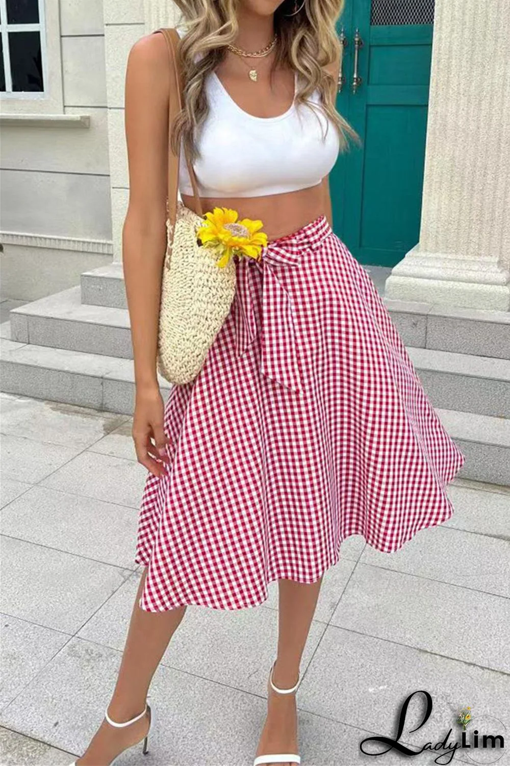 Grey Fashion Casual Plaid Print Patchwork Regular High Waist Skirt