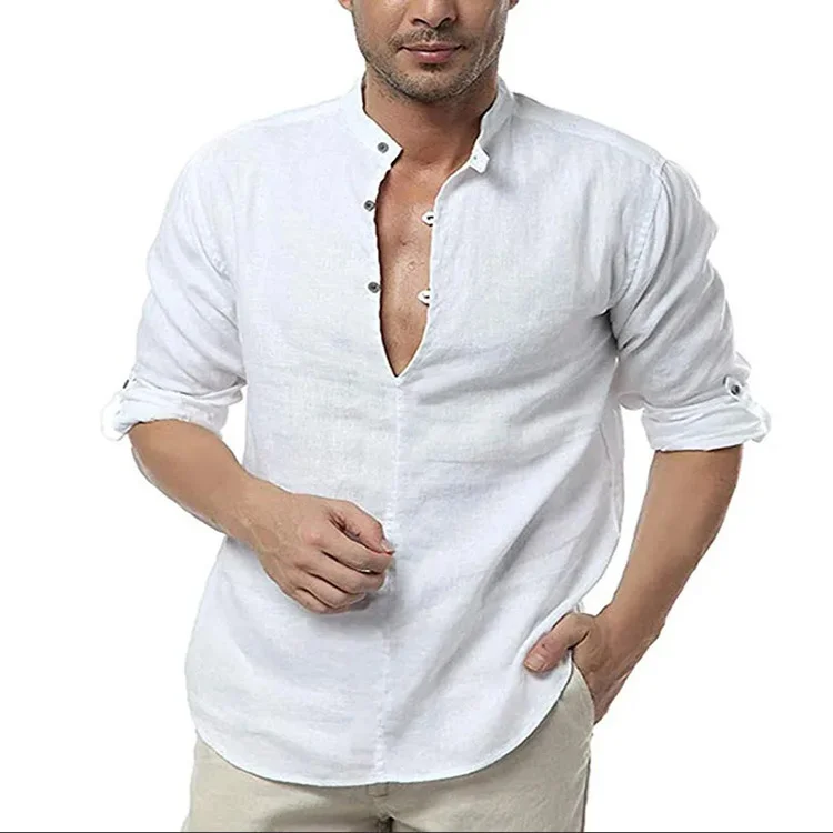Men's Cotton Solid Color Long Sleeve Stand Collar Beach Casual Vintage Holiday Shirt