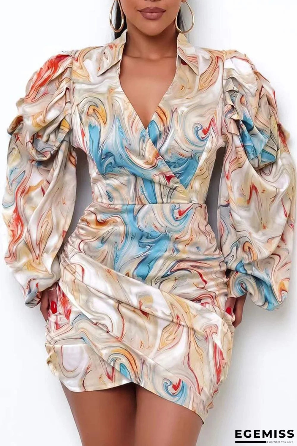 Beige Sexy Print Patchwork V Neck One Step Skirt Dresses | EGEMISS