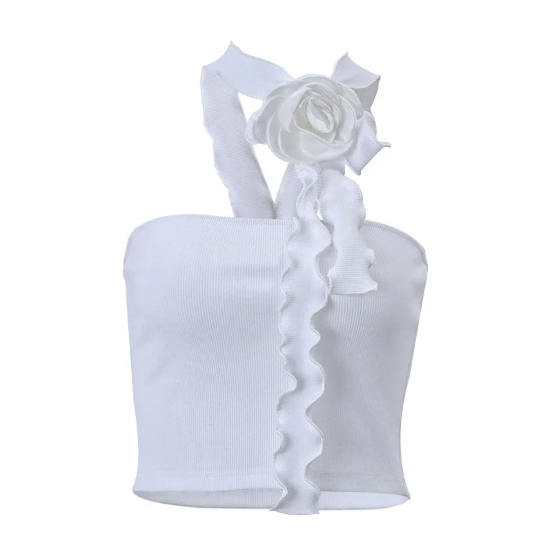 Uveng Uveng Spring New Fashion Sexy French Three-Dimensional Flower Ribbon Hanging Neck Stitching Wipe Chest Vest Woman