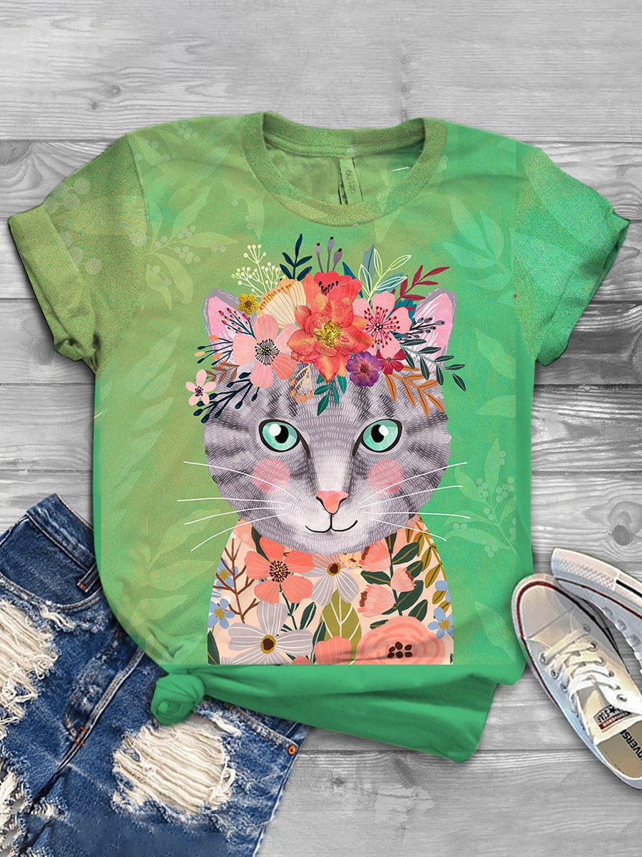 Women's A Cute Cat Print Green T-Shirt