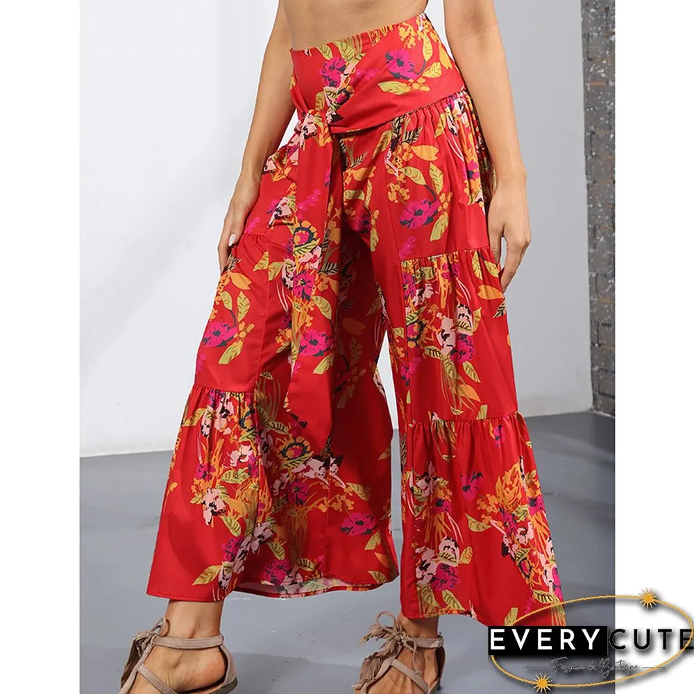 Red Digital Print Cropped Wide Leg Boho Pants with Tie