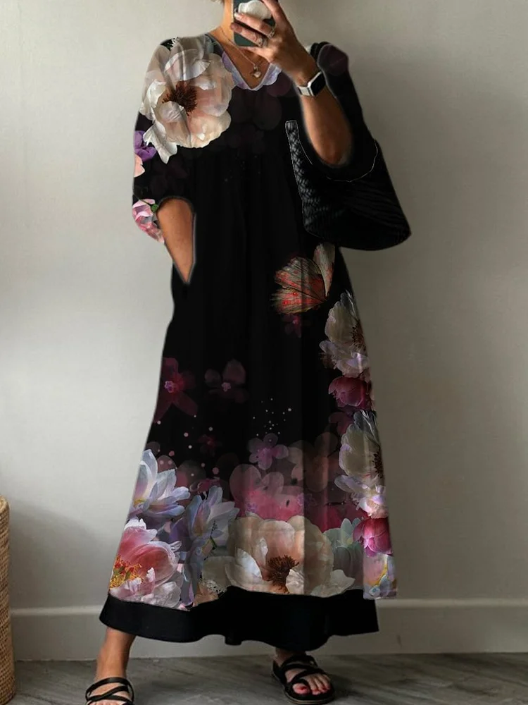 Women's Gradient Vintage Florals Print Pocket V-neck Cotton Dress