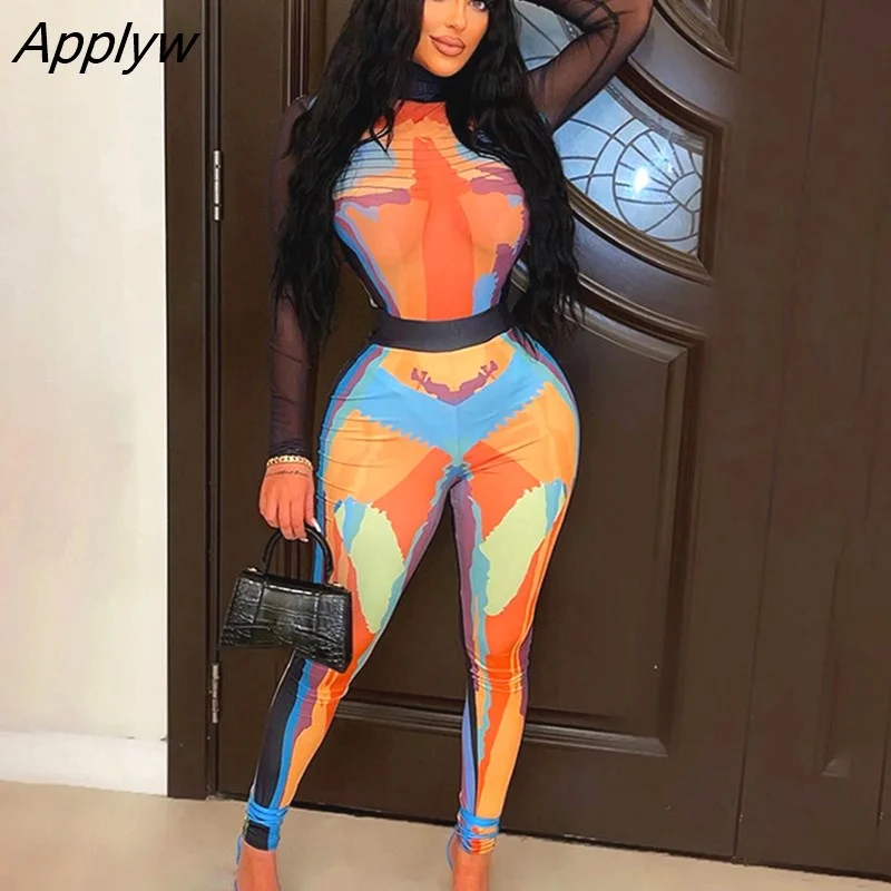 Applyw Women Long Sleeve Mesh See Through T Shirt Tops Long Pant Two Piece Sets 2022 Fall Clothing Wholesale Items For Business