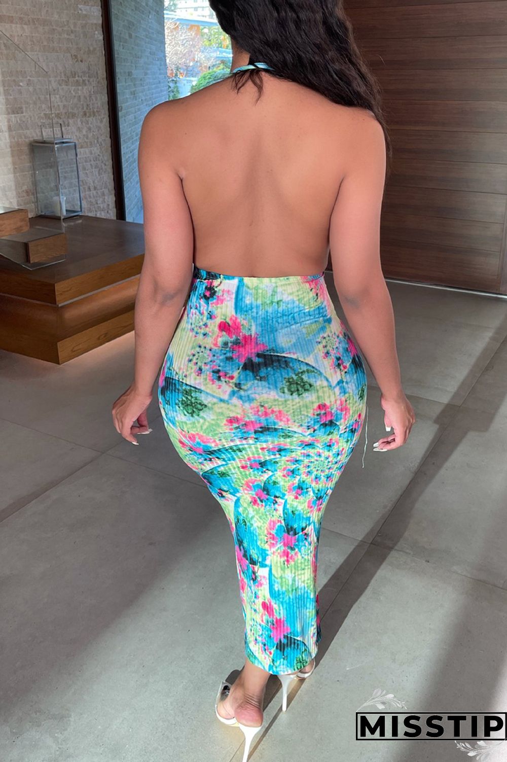 Green Fashion Sexy Print Tie Dye Hollowed Out Backless Halter Sleeveless Dress