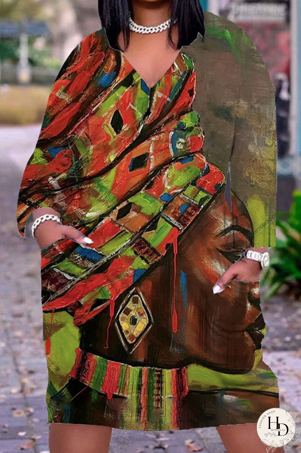 Yellow Brown Casual Print Patchwork V Neck Straight Dresses