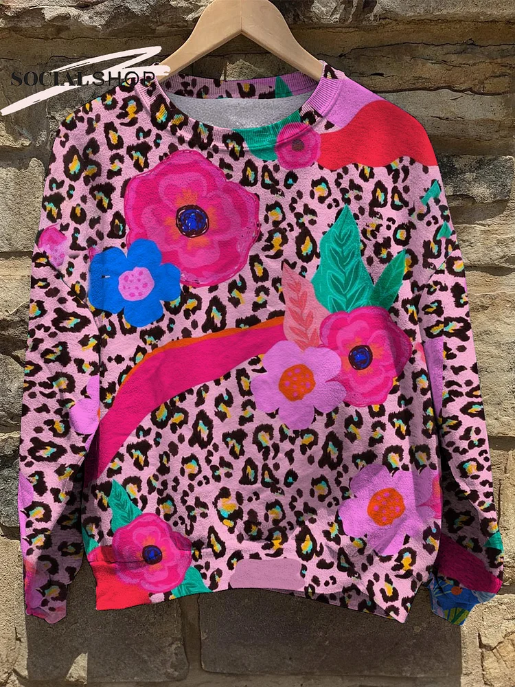 Pink Leopard Floral Patch Casual Long Sleeve Top socialshop