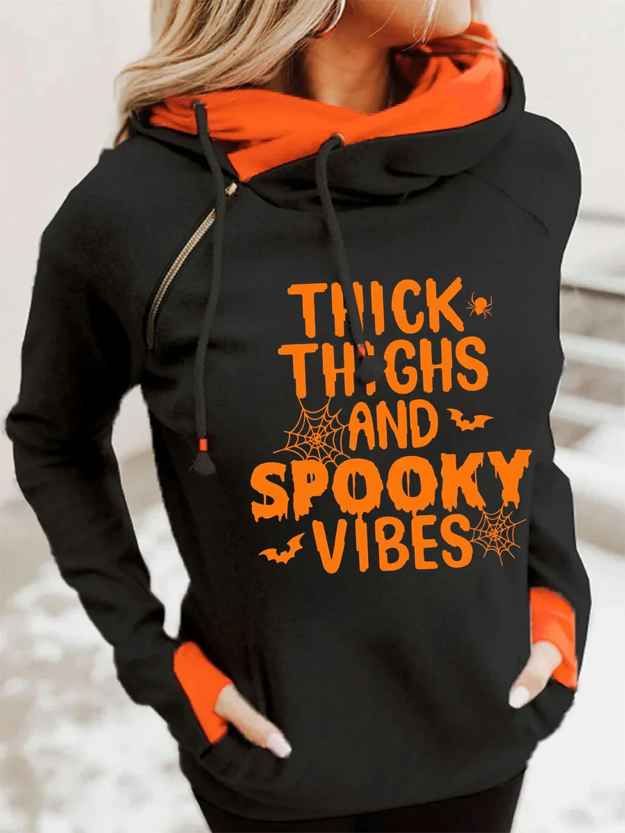 Thick Thighs Spooky Vibes Color Block Zipper Hoodie