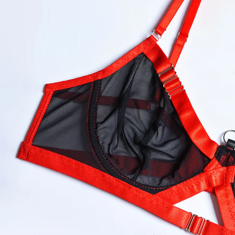 Billionm Lace Lingerie Four Piece Red Black Underwear Set Patchwork Mesh Bra and Panty Sexy See Through Nightwear Sensual Sissy Costume