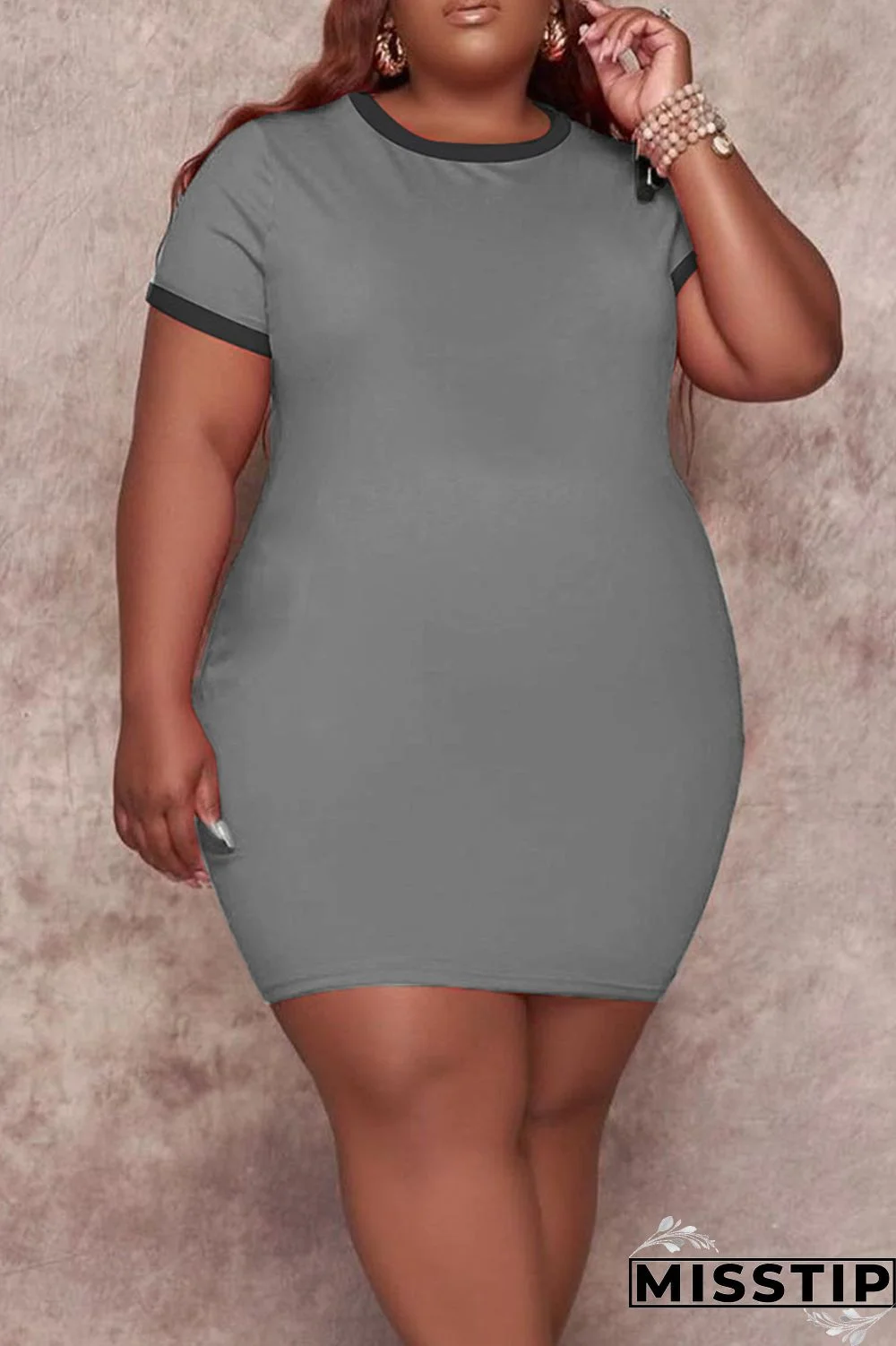 Grey Casual Solid Patchwork O Neck Straight Plus Size Dresses