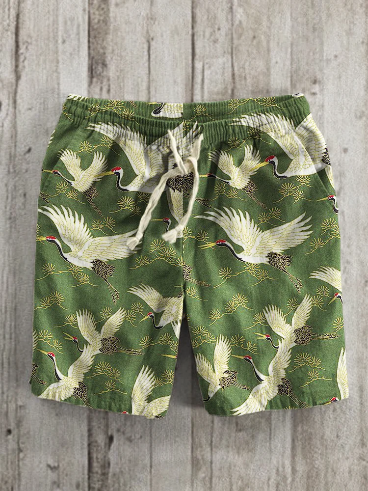 Cranes & Pine Trees Japanese Linen Blend Shorts