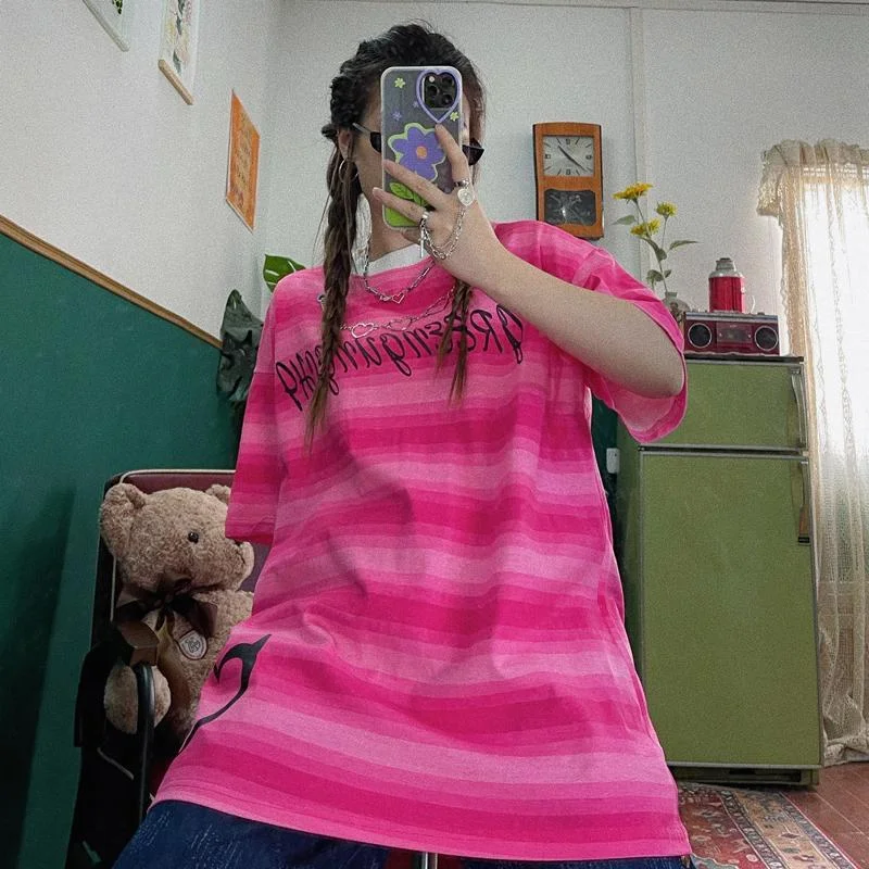 Korean Fashion Striped love chain short-sleeved T-shirt TK188