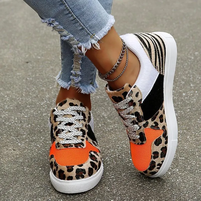 Qengg New Women's Casual Shoes Stylish Leopard Print Lace-Up Colorblock Sneakers Platform Comfort Vulcanized Shoes Tenis Respiravel