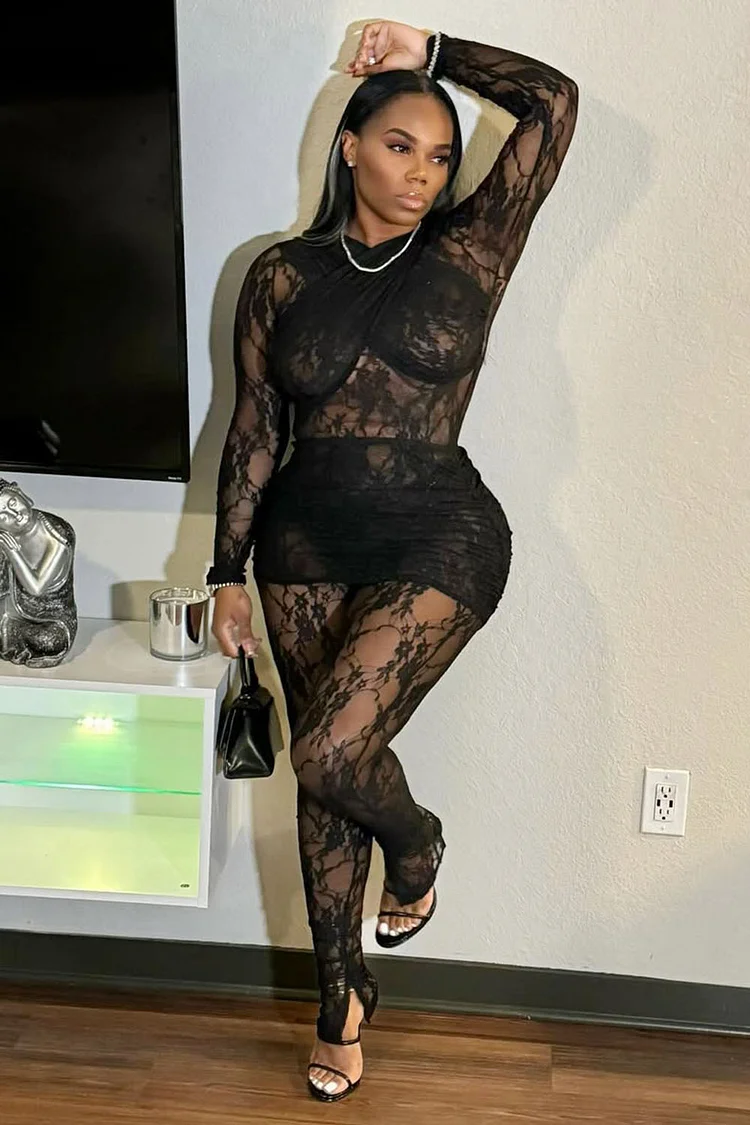 Black Guipure Lace Mini Dress with Leggings 2pcs -Party Set