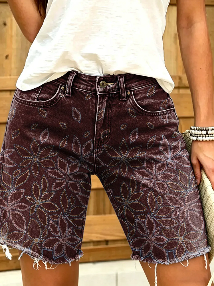 Women's Vintage Floral Print Denim Shorts