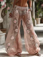 Women's Spring Floral Roses Embroidered Art Print Flowy Linen Blend Casual Pants