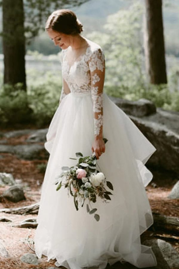 Modern Long Sleeve Sheer Lace Floor Length Wedding Dress With Tulle A-line | Ballbellas Ballbellas