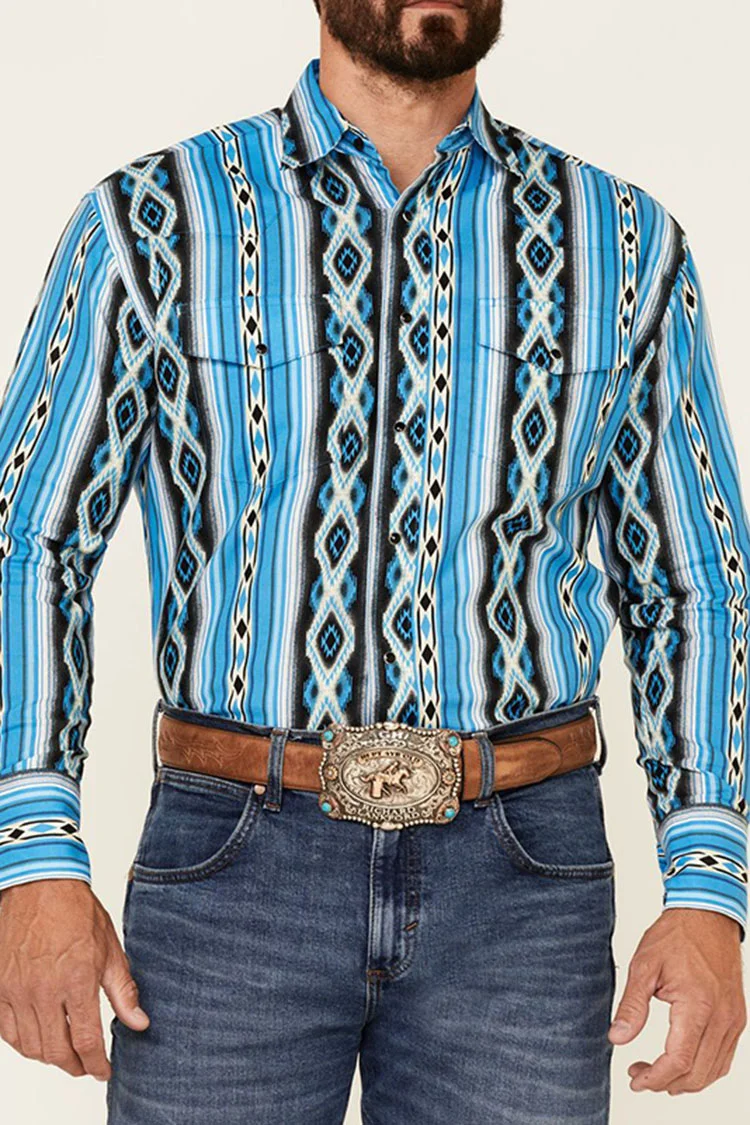 Retro Geometric Blue Western Print Shirt