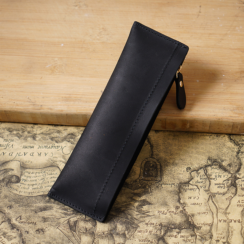 Retro Leather Pencil Bag College Head Layer Crazy Horse Leather Handmade Coin Purse Student Pencil Bag Stationery Storage Bag