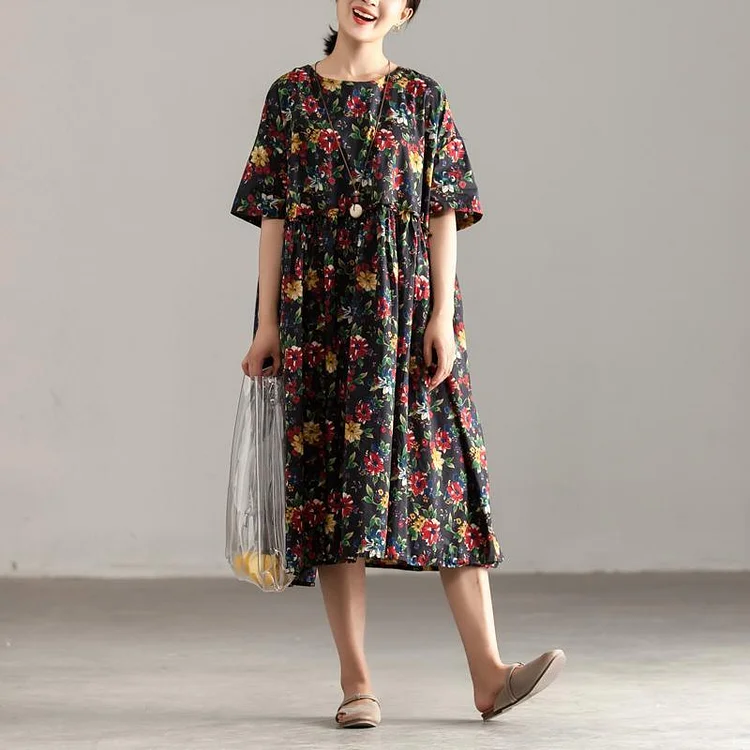Casual Short Sleeve Pockets Floral Pleated Lacing Dress