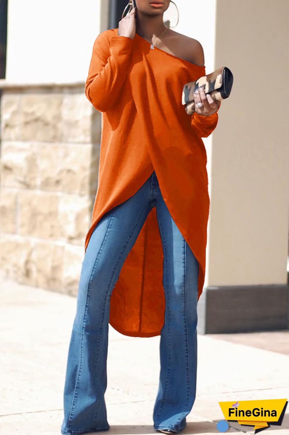 Tangerine Red Casual Solid Patchwork Asymmetrical Oblique Collar Tops