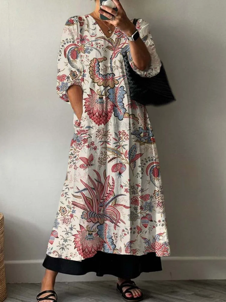 Women's Boho Vintage Floral Print Pocket V-neck Cotton Dress