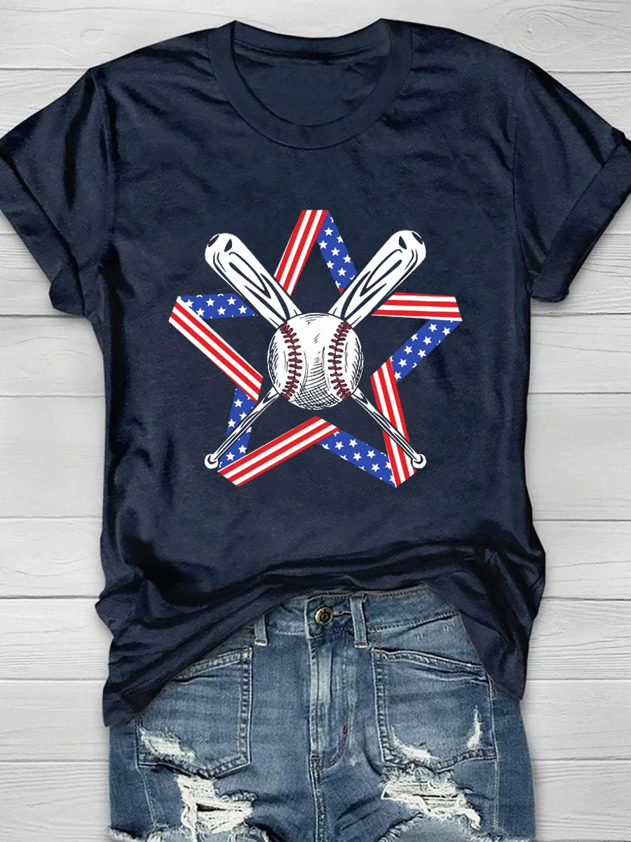 Baseball Pentagram 4th Of July Print Short Sleeve T-Shirt