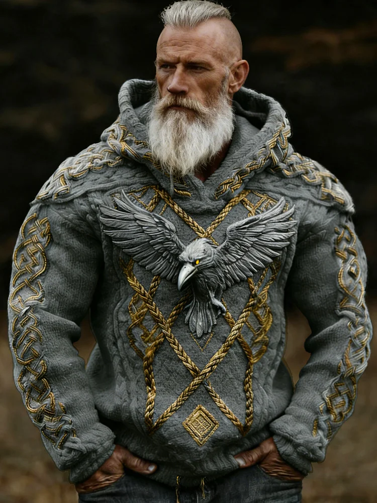 Men's Viking Crow Celtic Knot Jacquard Knitted Hooded Sweater
