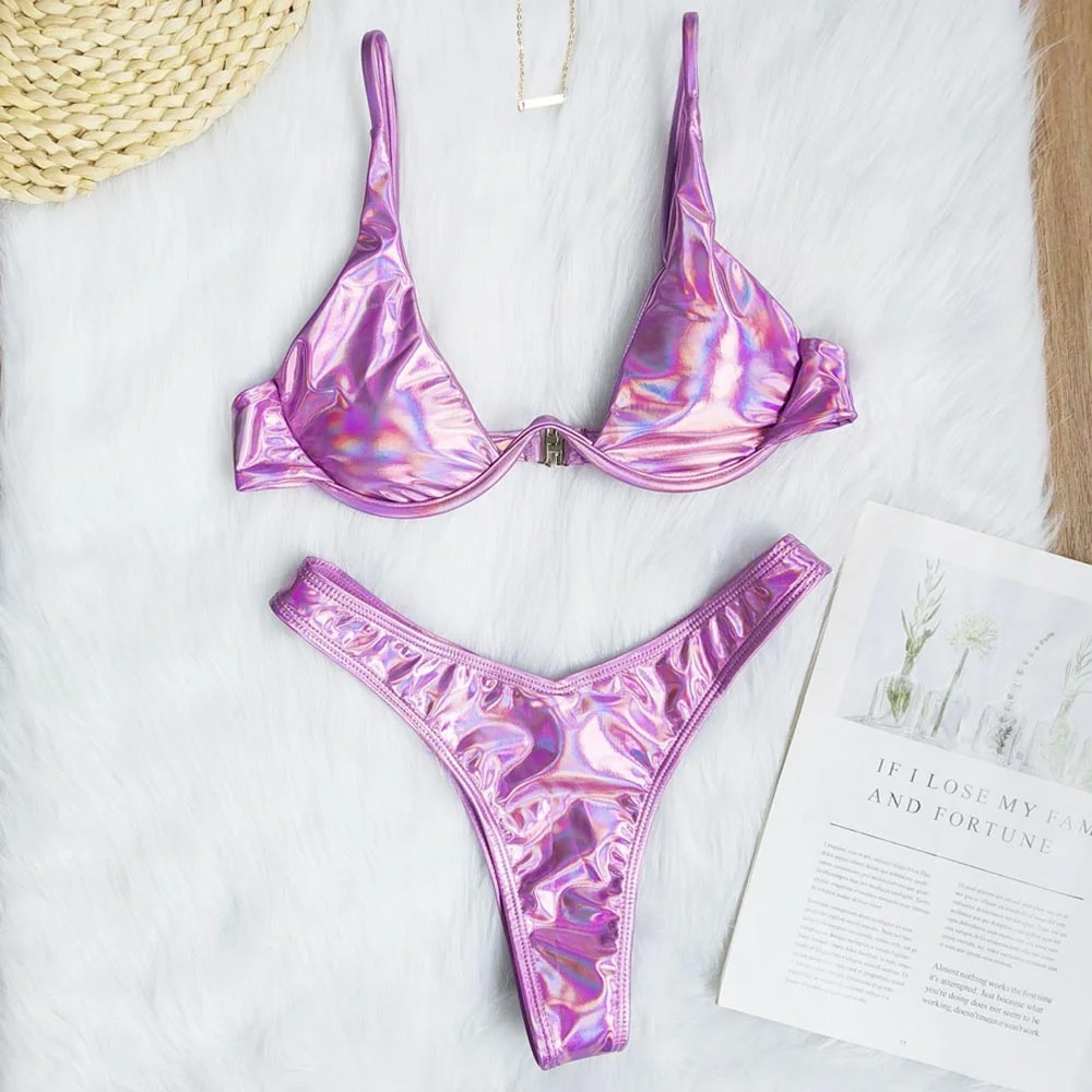 Blue Micro Bikini set 2021 Push up Swimsuit Female Shiny Bikinis Underwire Swimwear Women Two piece set bathing suit