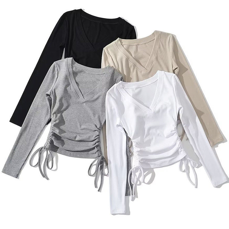 SIDE DRAWSTRING RIBBED V-NECK LONG SLEEVE TOP